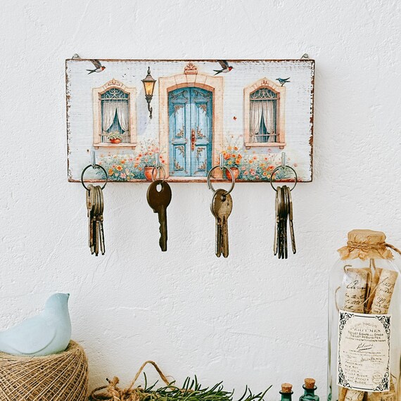 Wall Key Holder With Blue Door, Small Key Rack, Key Organizer With