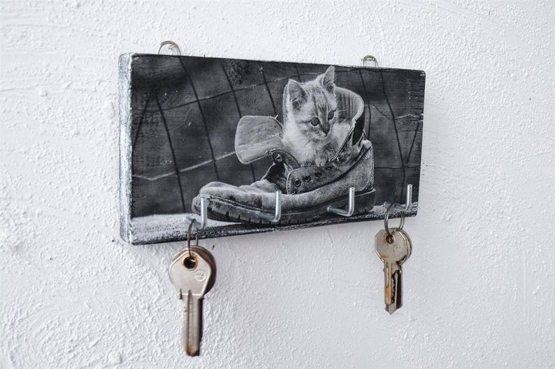 Wall Mounted Wooden Key Holder Black and White Key Hook Cat Etsy