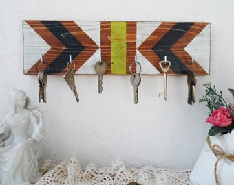 Painted Wood Key Holder: Geometric Wall Key Rack