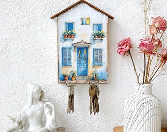 Handmade Rustic Blue Windows Wooden Key Holder, Wall Organizer