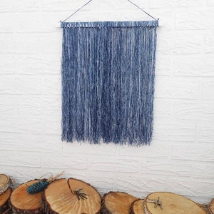 Handmade Blue Yarn Wall Hanging | Bohemian Fringe Wall Decor | Rustic Textile Art for Home