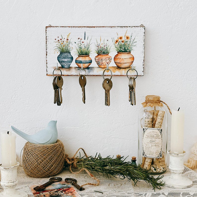 Handmade Wooden Key Holder – Rustic Wall Key Rack With Flower Pots ...