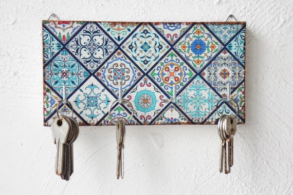 Patchwork key holder for wall blue key rack patchwork wall decor Home Decor