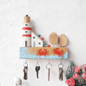 Nautical Lighthouse Wooden Key Holder, Handmade Coastal Home Decor with Crab Design