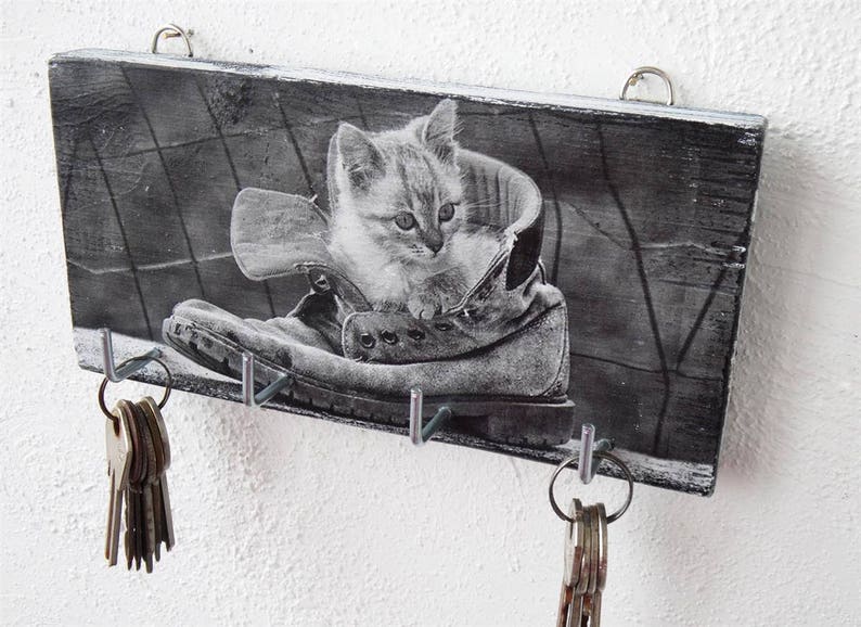 Wall Mounted Wooden Key Holder Black and White Key Hook Cat Etsy