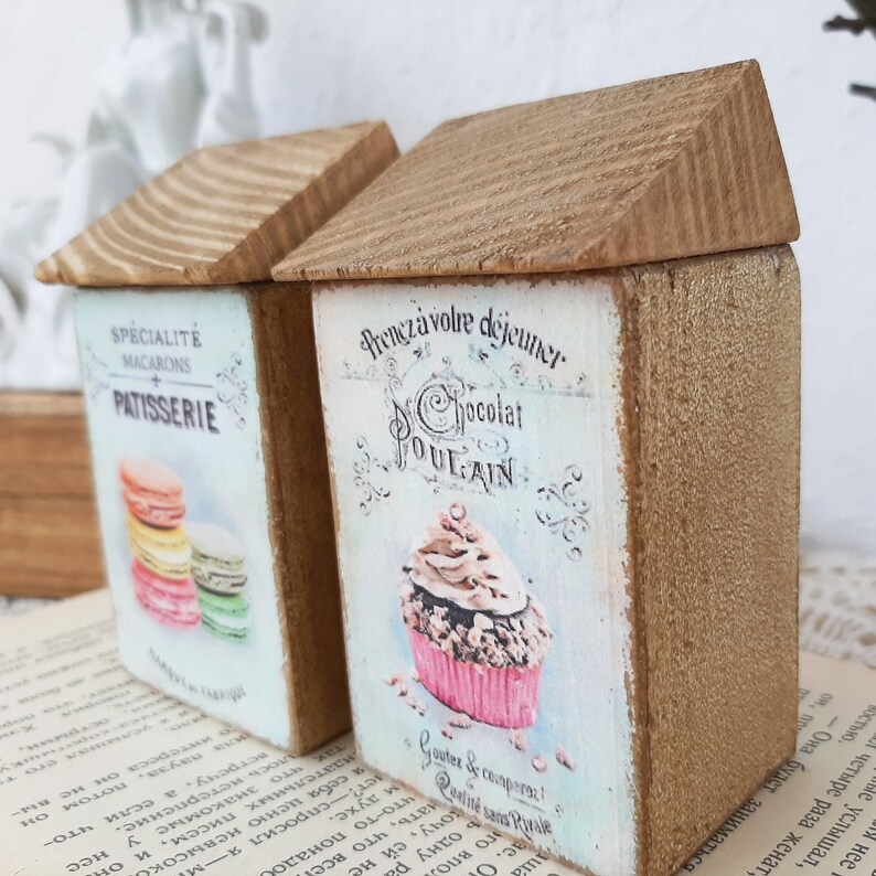 Wooden House Set With French Patisserie Design, Rustic Cupcake and