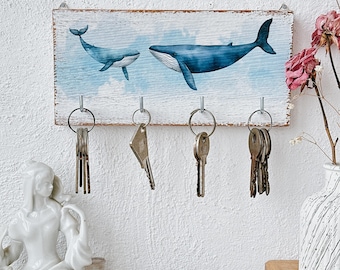 Whale Key Holder for wall, 4 Hooks, Wall Mounted Key Organizer, Coastal Home Decor