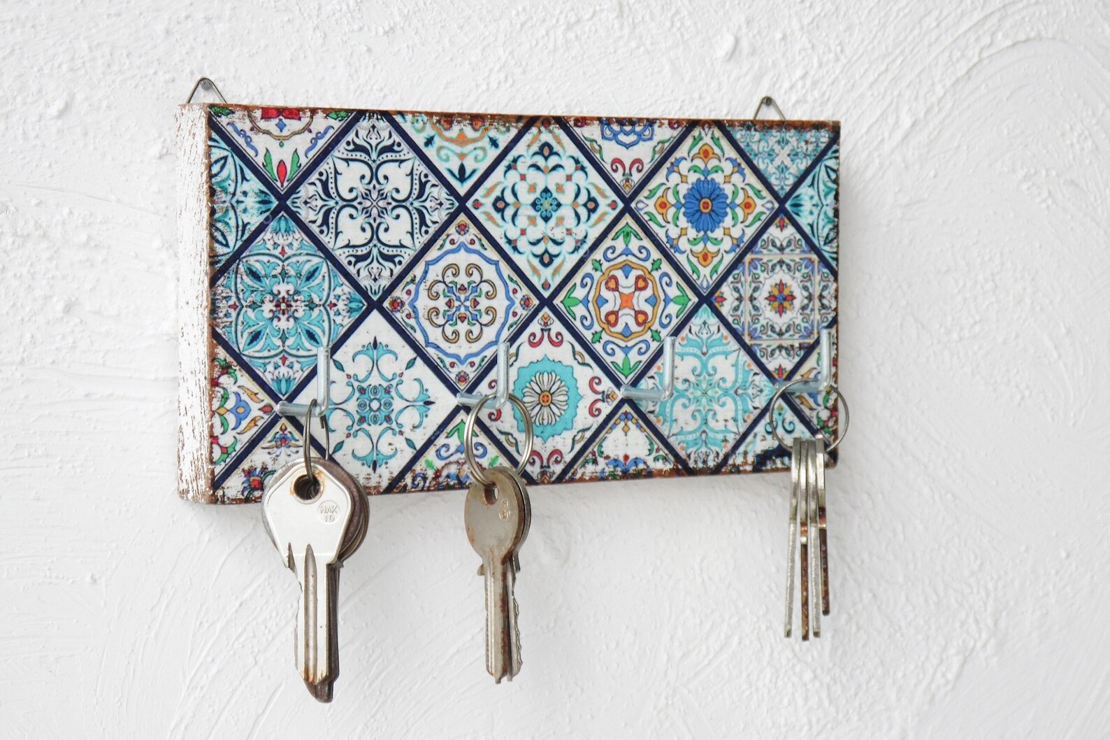 Key Holder Blue Key Rack Patchwork Wall Decor Key Holder Etsy