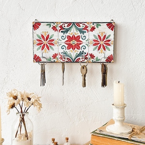 Wooden key holder for wall with red green floral tile print, rustic wall decor, entryway key hanger, small key rack for home