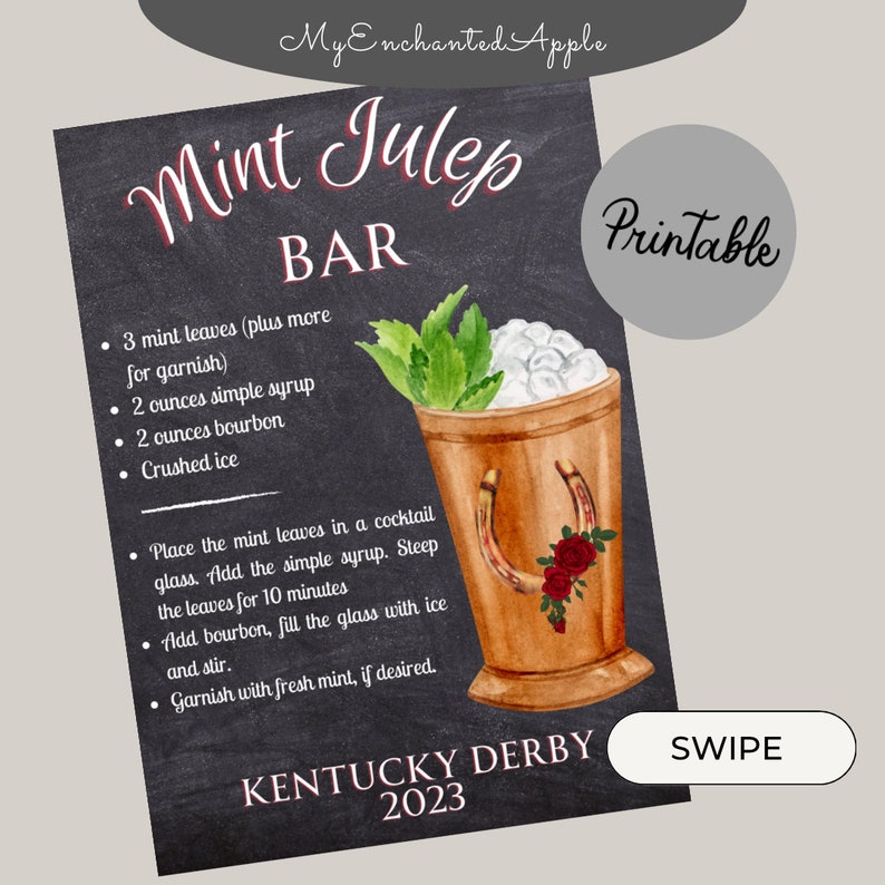 Mint Julep Bar Menu Recipe Printable Sign Kentucky Derby Etsy