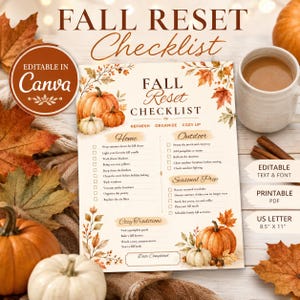 Könnte beinhalten: Eine Fall Reset Checkliste auf einer weißen Holzoberfläche mit Kürbissen, Herbstblättern und einer Tasse. Die Liste enthält Abschnitte für Home, Outdoor, Seasonal Prep und Cozy Traditions sowie den Text US Letter 8.5" x 11".