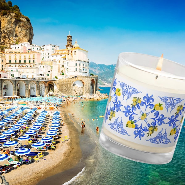 Majolica, Sicilian, Amalfi Coast, ceramic Italian lemon tile design, blue white, Mediterranean, Capri, Mykonos, Glass jar soy wax candle