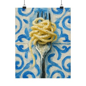Fork and Pasta print, Matte Vertical Poster, Italian Kitchen Decor, Modern Impressionistic Art Print, Blue and White Tile Background, image 8