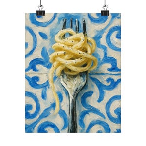 Fork and Pasta print, Matte Vertical Poster, Italian Kitchen Decor, Modern Impressionistic Art Print, Blue and White Tile Background, image 7