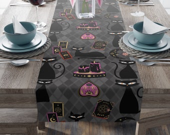 Retro Atomic Black Cat Kitschy Halloween Witchy Argyle Pattern Design Table Runner, Spellbook, Tarot Cards, Candles, Mid Century modern