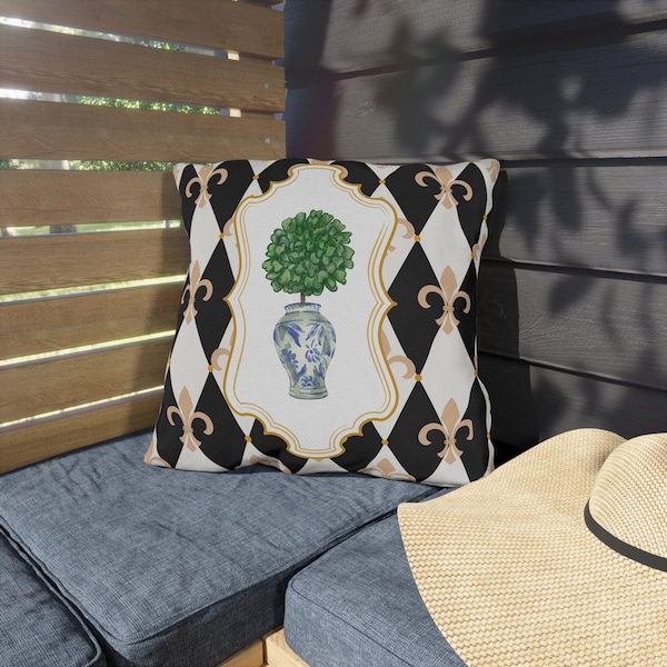 Harlequin and Fleur de lis pattern with blue and white vase chinoiserie topiary Broadcloth Pillow Outdoor Pillows