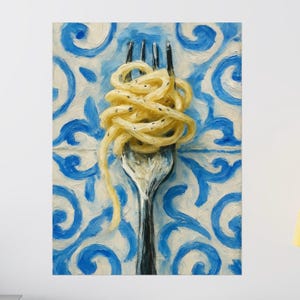Fork and Pasta print, Matte Vertical Poster, Italian Kitchen Decor, Modern Impressionistic Art Print, Blue and White Tile Background, image 5