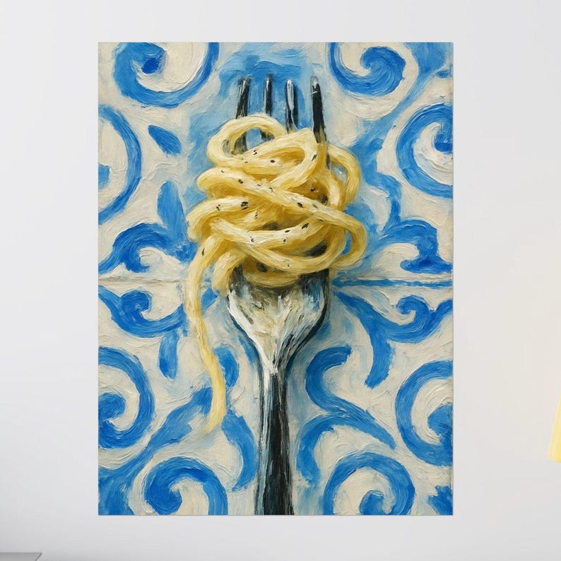Fork and Pasta print, Matte Vertical Poster, Italian Kitchen Decor, Modern Impressionistic Art Print, Blue and White Tile Background, image 5