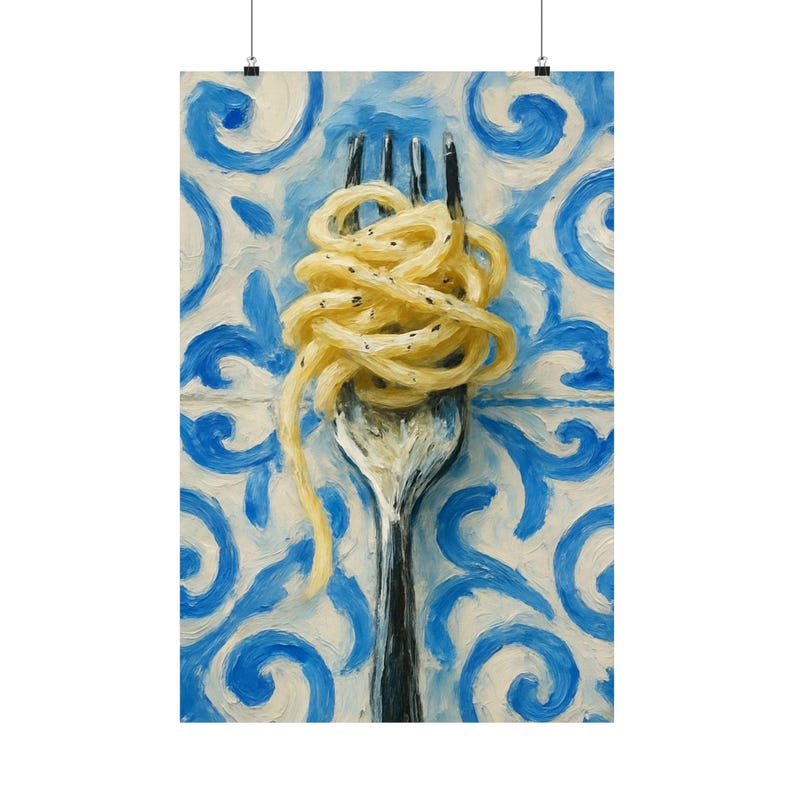 Fork and Pasta print, Matte Vertical Poster, Italian Kitchen Decor, Modern Impressionistic Art Print, Blue and White Tile Background, image 12