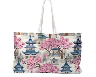 Watercolor Japanese blue roofed pagoda house with pink cherry blossom tree pattern, ornate, Design Beach Weekender Bag