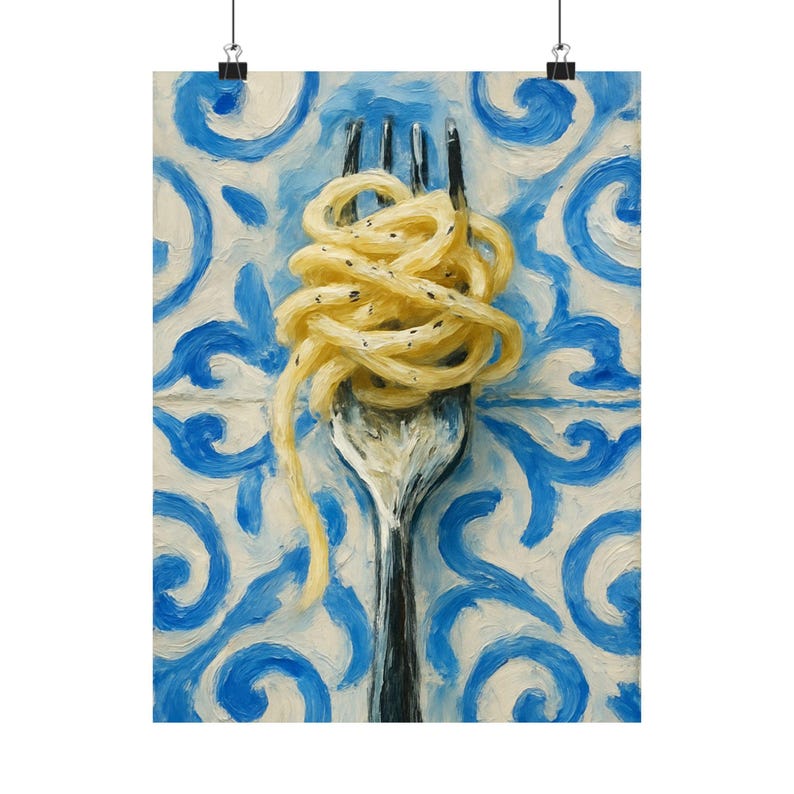 Fork and Pasta print, Matte Vertical Poster, Italian Kitchen Decor, Modern Impressionistic Art Print, Blue and White Tile Background, image 9