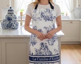 French Country Apron, Toile de Jouy Blue and White Kitchen Cooking Gift, Elegant Chinoiserie Home Decor, Personalized Chef Apron, Vintage