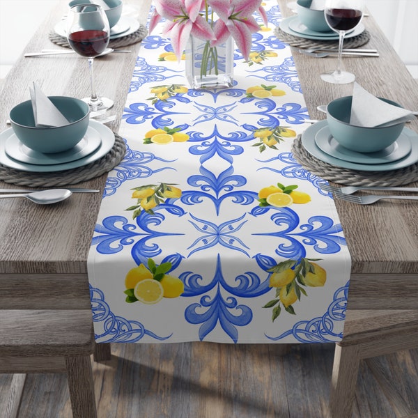 Amalfi Coast, Capri, Mediterranean, Ceramic Lemon Tile, Italian Summer Design Table Runner (Cotton, Poly)