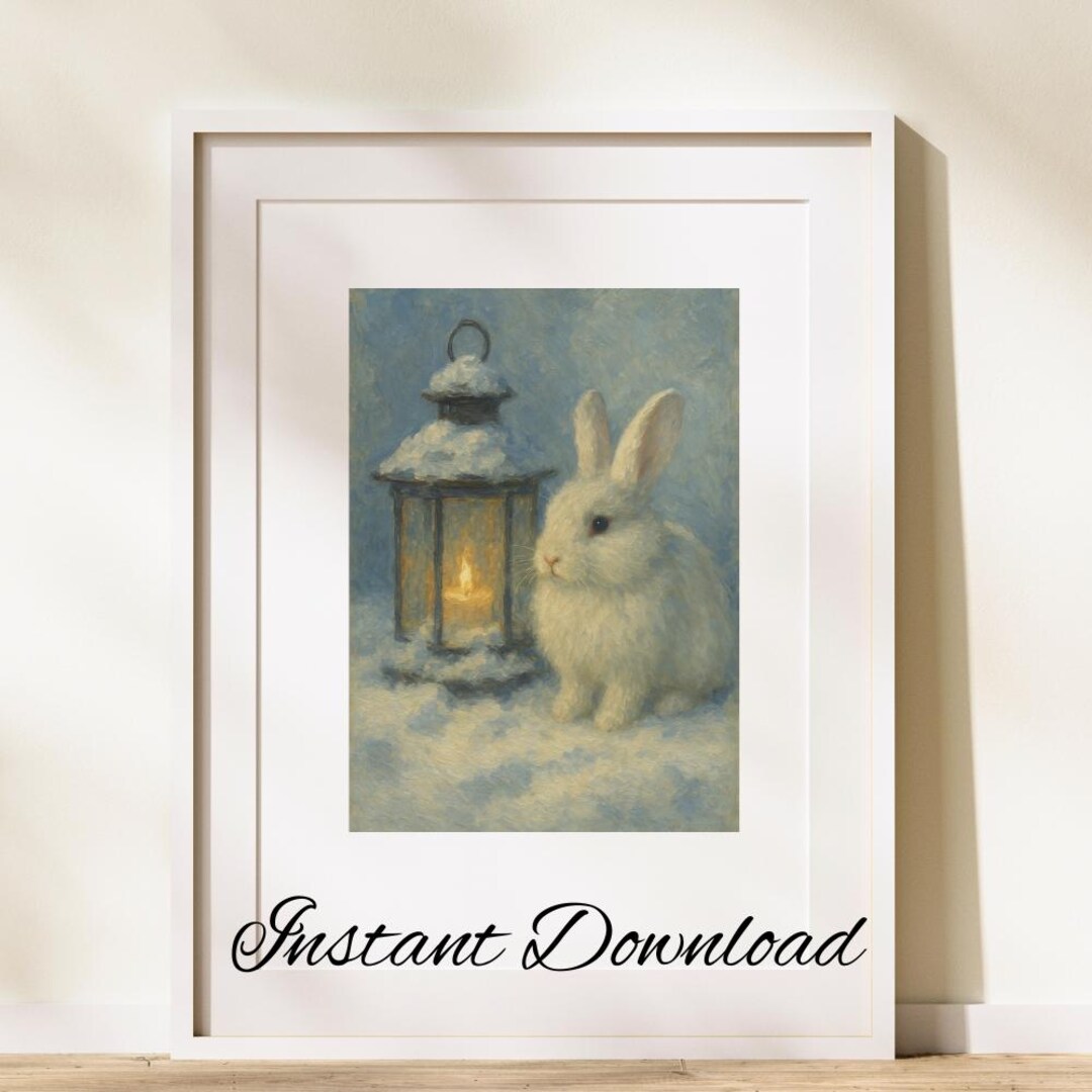 Winter Rabbit Lantern Still Life Print | Snowy White Bunny Painting ...