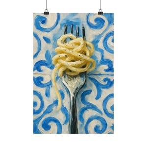 Fork and Pasta print, Matte Vertical Poster, Italian Kitchen Decor, Modern Impressionistic Art Print, Blue and White Tile Background, image 10