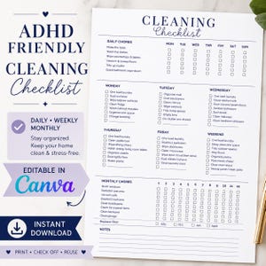 May include: A white paper cleaning checklist with dark blue text. The document features sections for daily, weekly, and monthly chores with checkboxes for each day of the week and month. It includes headers like ADHD Friendly Cleaning Checklist.
