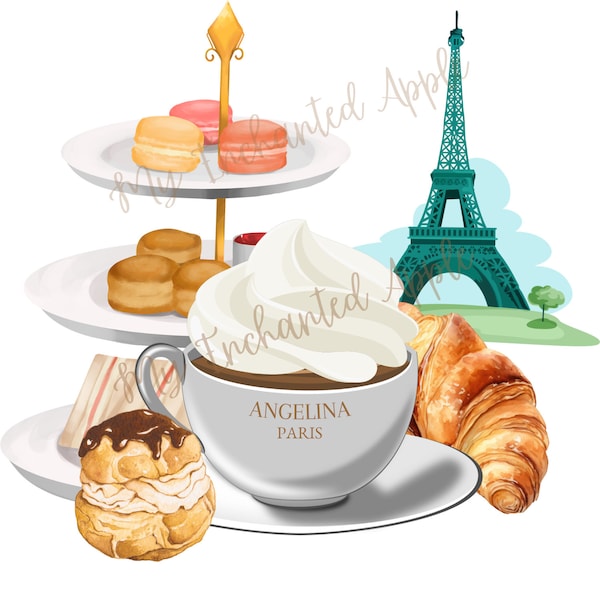 Angelina Paris France Cafe Famous Restaurant for Hot Chocolate, Afternoon Tea, Croissant, Macarons, Eiffel Tower, Scrapbook, PNG Download,