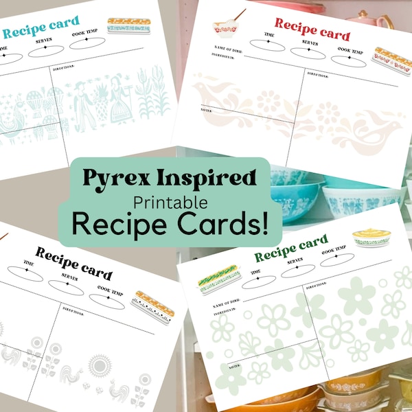 Pyrex Design Inspired instant download Printable Recipe Cards (4x6), Pyrex Bakeware Designs