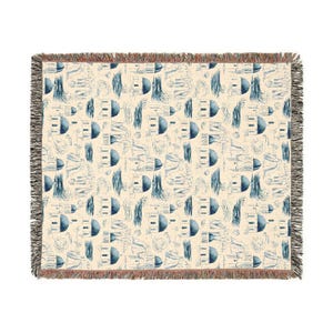 Cozy Woven Blanket for Home Decor, Santorini Greece chinoiserie Mediterranean coastal Throw for Living Room, Perfect Gift for Housewarming