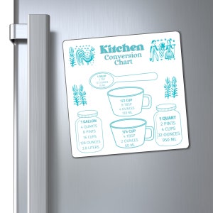 May include: A white magnetic kitchen conversion chart with blue text and illustrations. The chart includes measurements for gallons, quarts, pints, cups, ounces, tablespoons, teaspoons, and milliliters.