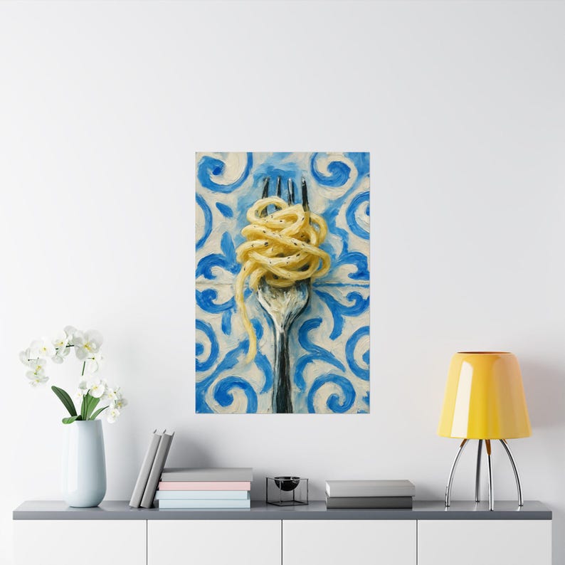 Fork and Pasta print, Matte Vertical Poster, Italian Kitchen Decor, Modern Impressionistic Art Print, Blue and White Tile Background, image 15