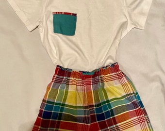 Girls madras skirt and T- shirt/ unisex shorts