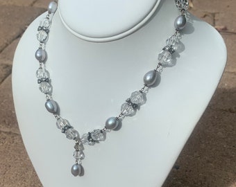 Freshwater Pearl and Swarovski Crystal Sterling Silver Necklace