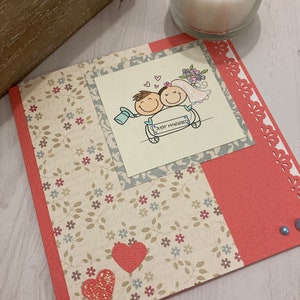 Biglietto Auguri matrimonio fatto a mano sposi su macchina cartoncino rosa abbellimenti