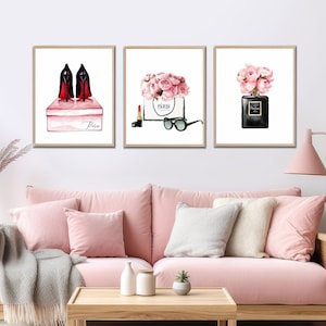 Fashion wall art,Paris illustration,Paris wall art,Set of 3 prints,Bedroom Wall prints,pink wall art,pink peony print,3 set print,Perfume
