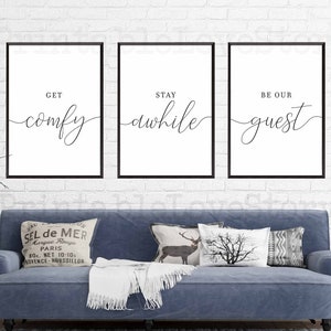 Get Comfy,Stay A While,Be Our Guest,Set of 3 Wall Art,Guest Room Decor,Be Our Guest Sign,Guest Room Signs,Guest Room Prints,Wedding Table image 3