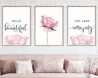 Hello gorgeous print,Hello Beautiful,Blush pink wall art,Fashion wall art,You look amazing,Pink flower,Beauty printables,girls bedroom decor