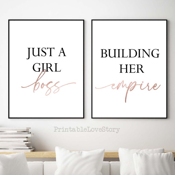 Home office decor,Girl boss sign,Just a girl boss building her empire,Girl boss print,Office wall art,Lady boss sign,Set 2 office,Rose gold