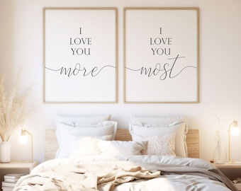 Conjunto de impresiones "Te amo más" para pared de dormitorio (descarga digital)