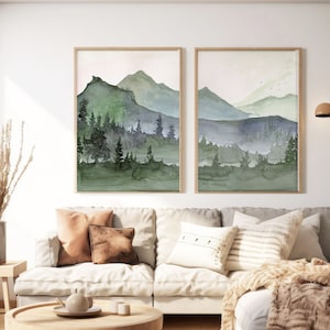 Nature prints,Mountains wall art,Landscape painting,Evergreen Trees,Forest,Mountains Watercolor Trees,Mountain print,Landscape set of 2