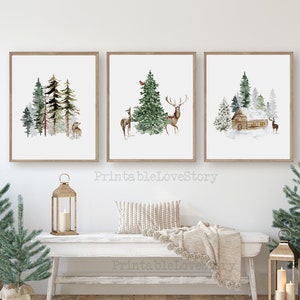 Arte de pared navideño, impresión de bosque de invierno, impresiones de arte navideño, impresión de renos, decoración navideña, arte de pared de invierno, juego de 3 impresiones navideñas, acuarela