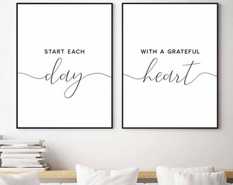 Start each day with a grateful heart,Grateful sign,Inspirational quote,Bedroom wall decor,Bedroom wall signs,Set of two prints,Printable art