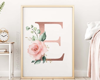 Initial print,Gold rose nursery decor,Letter wall art,Floral initial,Flower letter,Monogram wall decor, E monogram,Nursery bedroom decor,