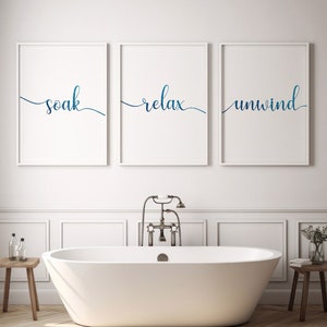 Bathroom prints,Bathroom wall art, blue Bathroom Pictures,Relax Soak Unwind,Bathroom Decor,Set of 3 Wall Decor Pictures,Bathroom spa prints