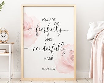 You are fearfully and wonderfully made,Psalm 139 14,Nursery decor,Christian printable art,Baby girl nursery printable,Scripture nursery,Gift