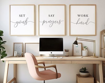 Láminas decorativas inspiradoras para la oficina: Fíjate metas, reza, trabaja duro (Descarga digital)